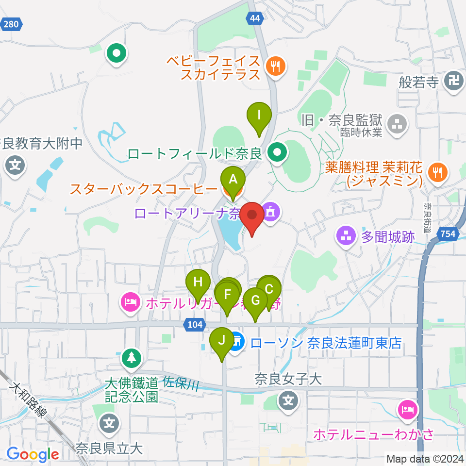 ロート奈良武道場周辺のファミレス・ファーストフード一覧地図