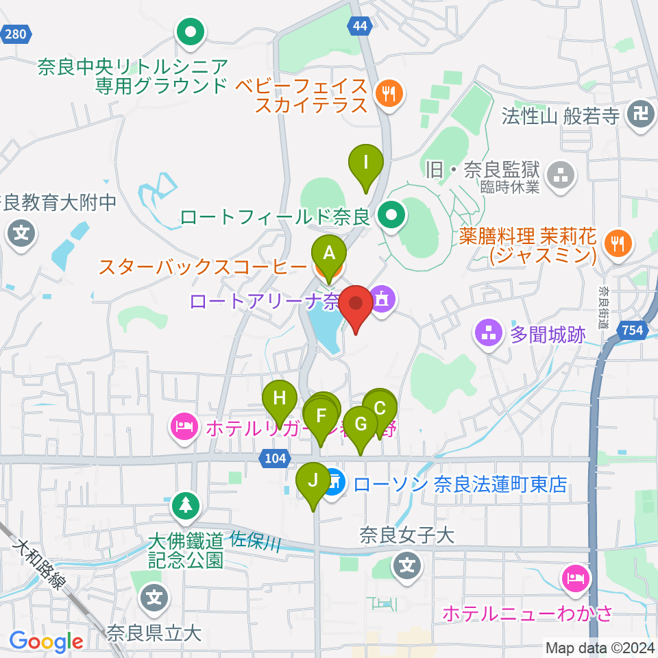 ロート奈良武道場周辺のファミレス・ファーストフード一覧地図