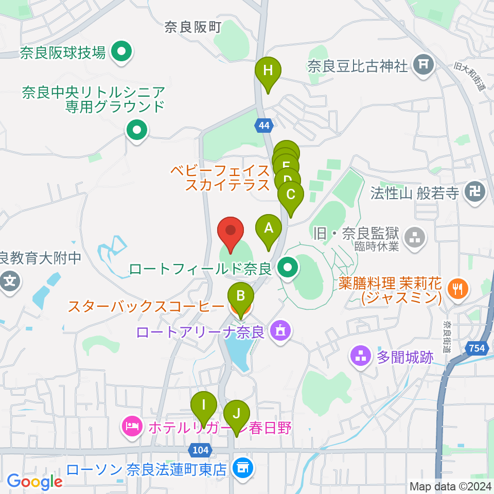 ロートスタジアム奈良周辺のファミレス・ファーストフード一覧地図