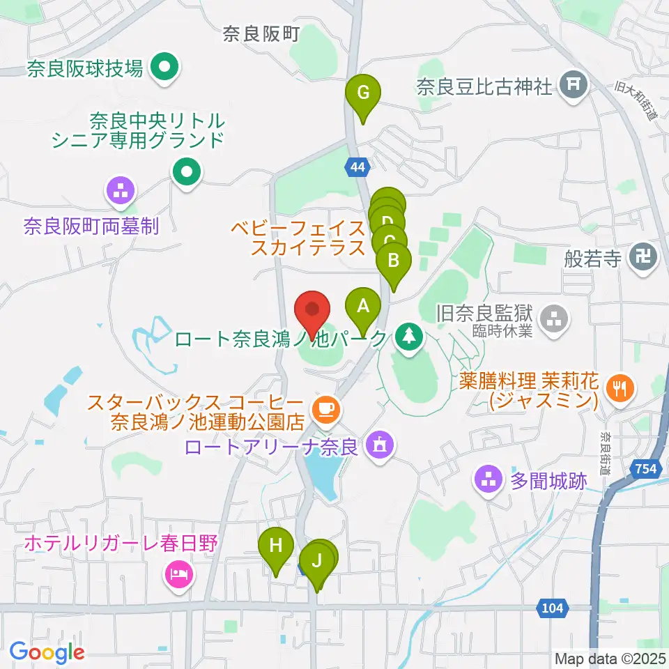 ロートスタジアム奈良周辺のファミレス・ファーストフード一覧地図