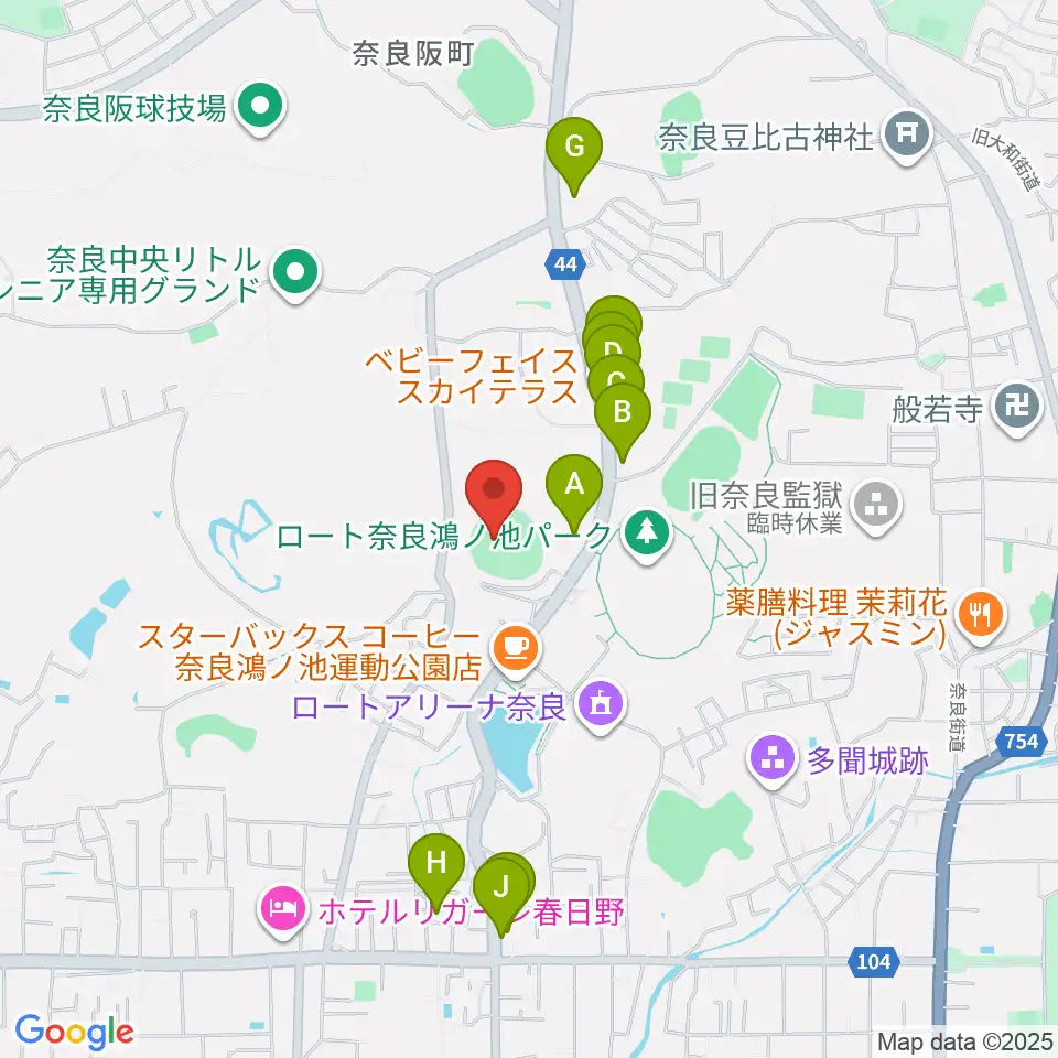 ロートスタジアム奈良周辺のファミレス・ファーストフード一覧地図