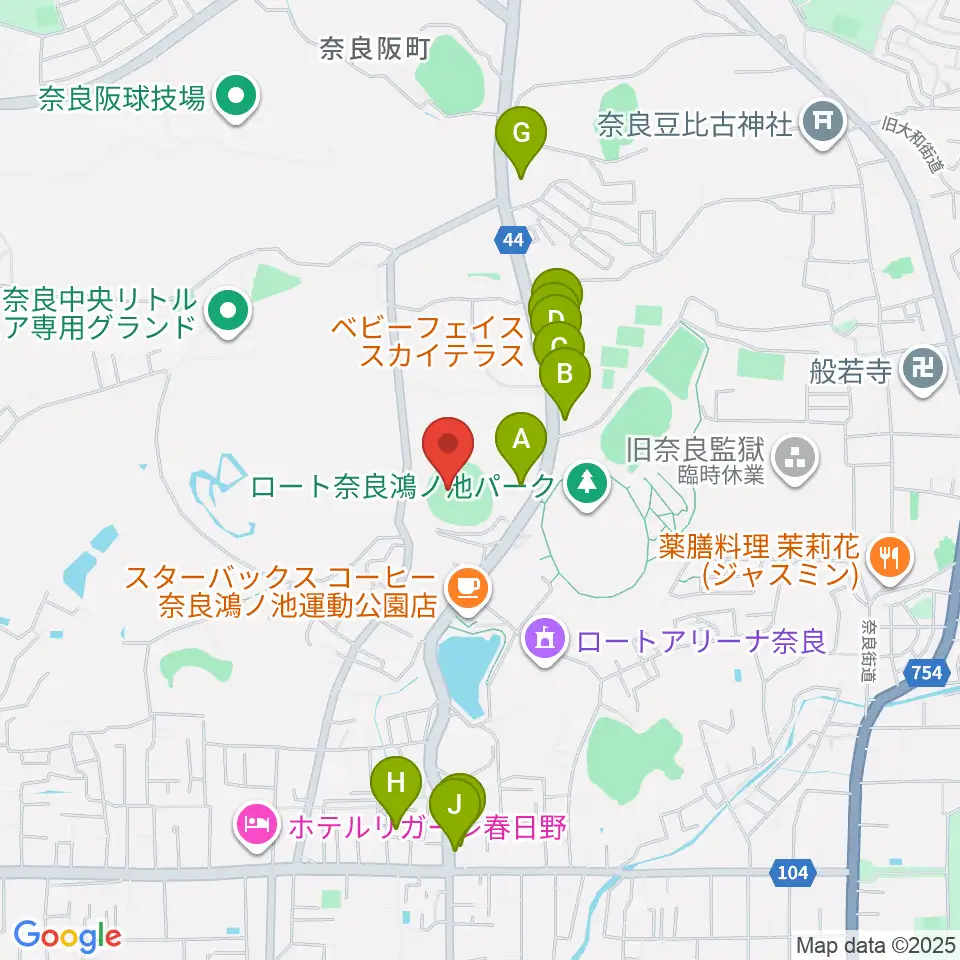 ロートスタジアム奈良周辺のファミレス・ファーストフード一覧地図