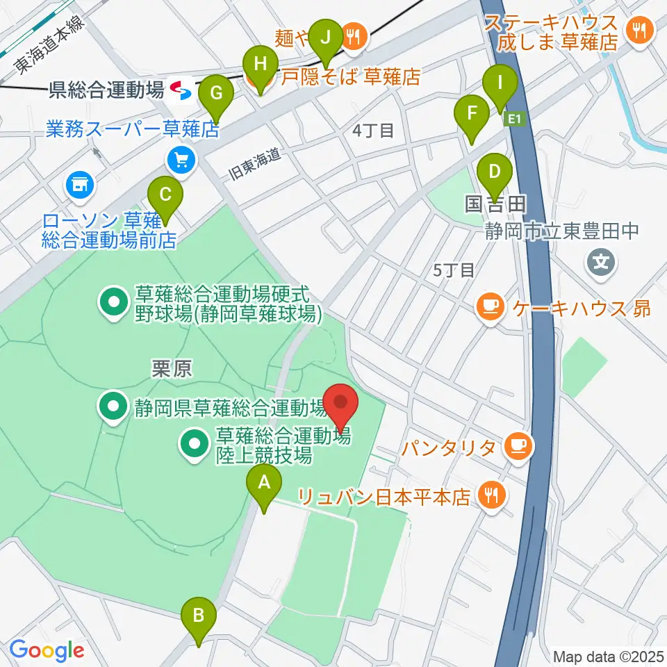 草薙総合運動場球技場周辺のファミレス・ファーストフード一覧地図