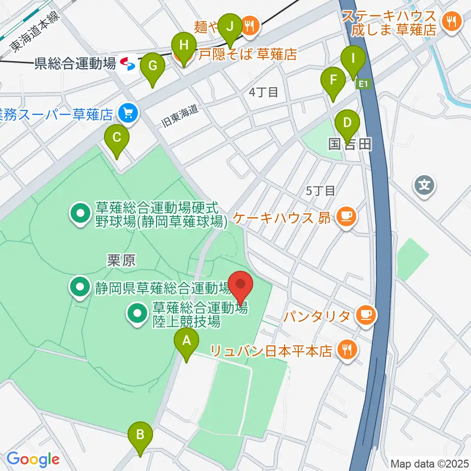 草薙総合運動場球技場周辺のファミレス・ファーストフード一覧地図