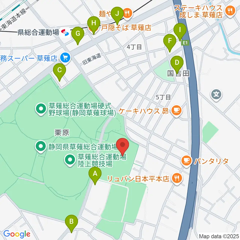 草薙総合運動場球技場周辺のファミレス・ファーストフード一覧地図