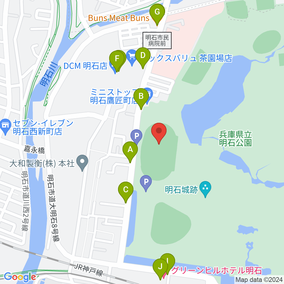 きしろスタジアム 明石公園陸上競技場周辺のファミレス・ファーストフード一覧地図