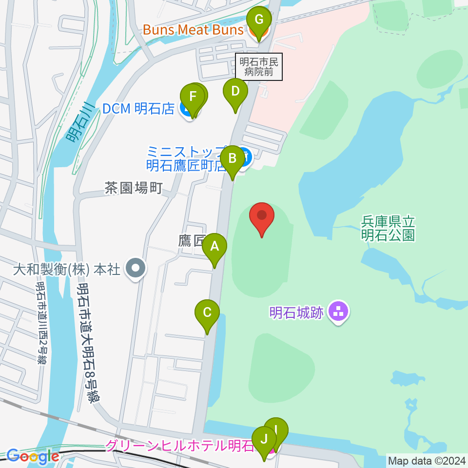 きしろスタジアム 明石公園陸上競技場周辺のファミレス・ファーストフード一覧地図