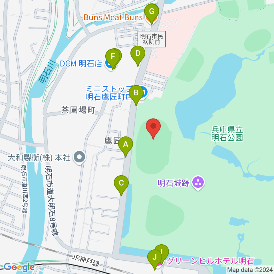 きしろスタジアム 明石公園陸上競技場周辺のファミレス・ファーストフード一覧地図