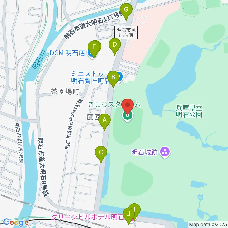 きしろスタジアム 明石公園陸上競技場周辺のファミレス・ファーストフード一覧地図