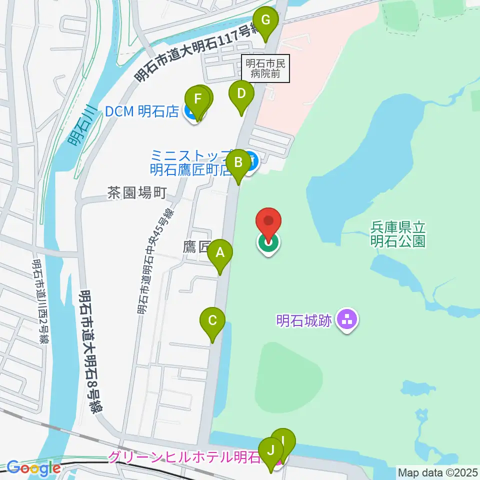 きしろスタジアム 明石公園陸上競技場周辺のファミレス・ファーストフード一覧地図