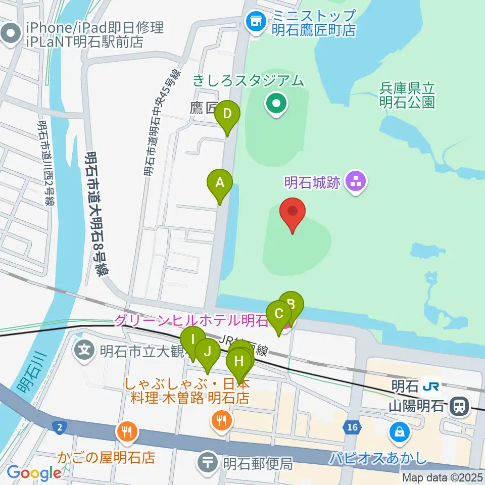 明石トーカロ球場周辺のファミレス・ファーストフード一覧地図