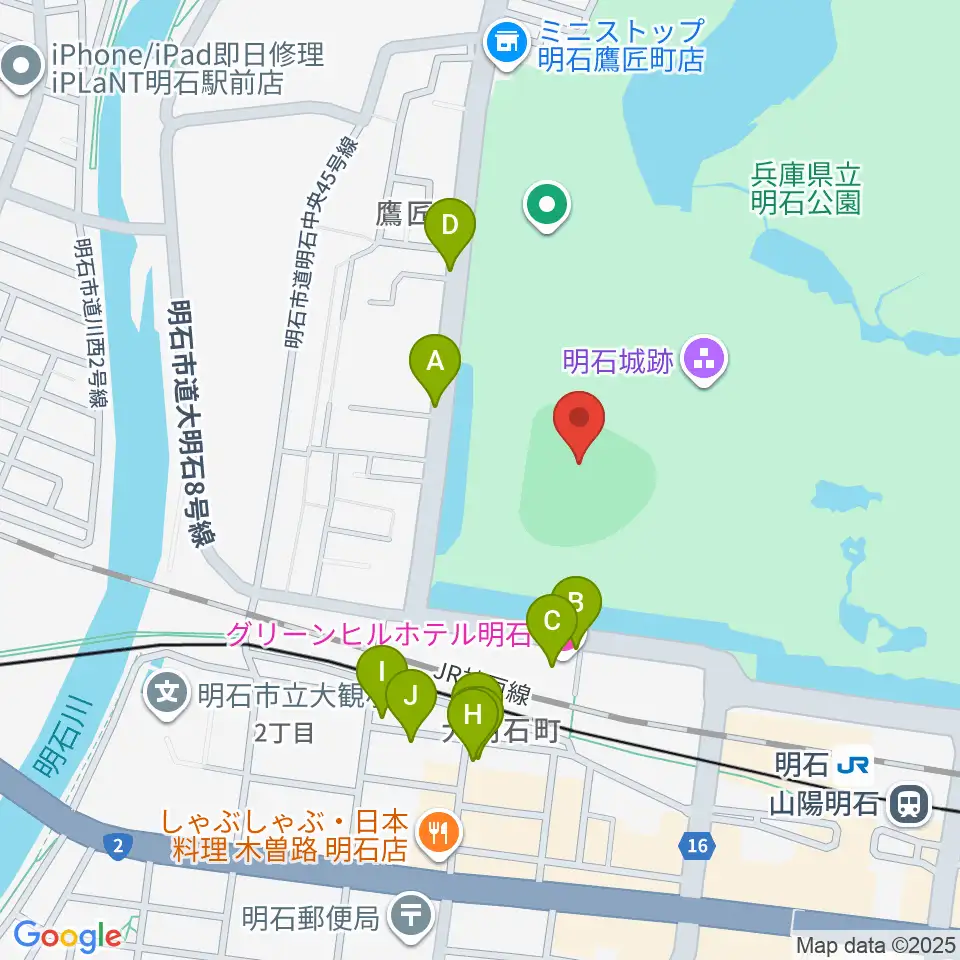 明石トーカロ球場周辺のファミレス・ファーストフード一覧地図