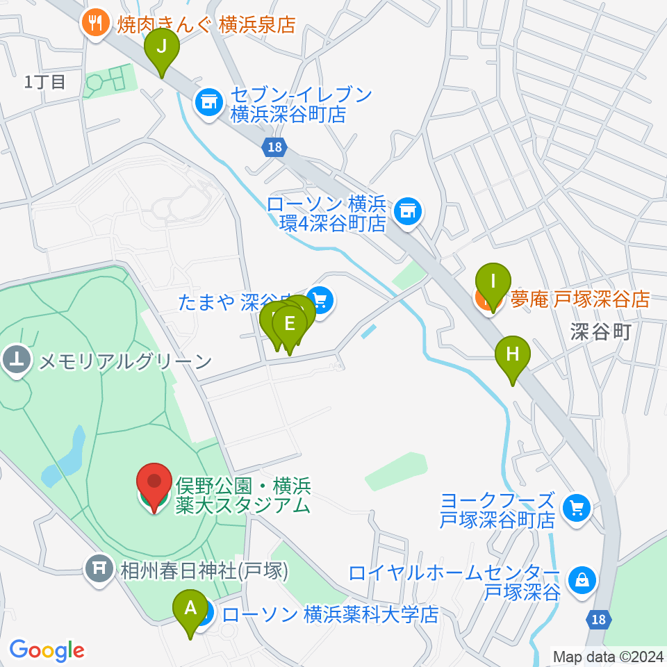 俣野公園・横浜薬大スタジアム周辺のファミレス・ファーストフード一覧地図