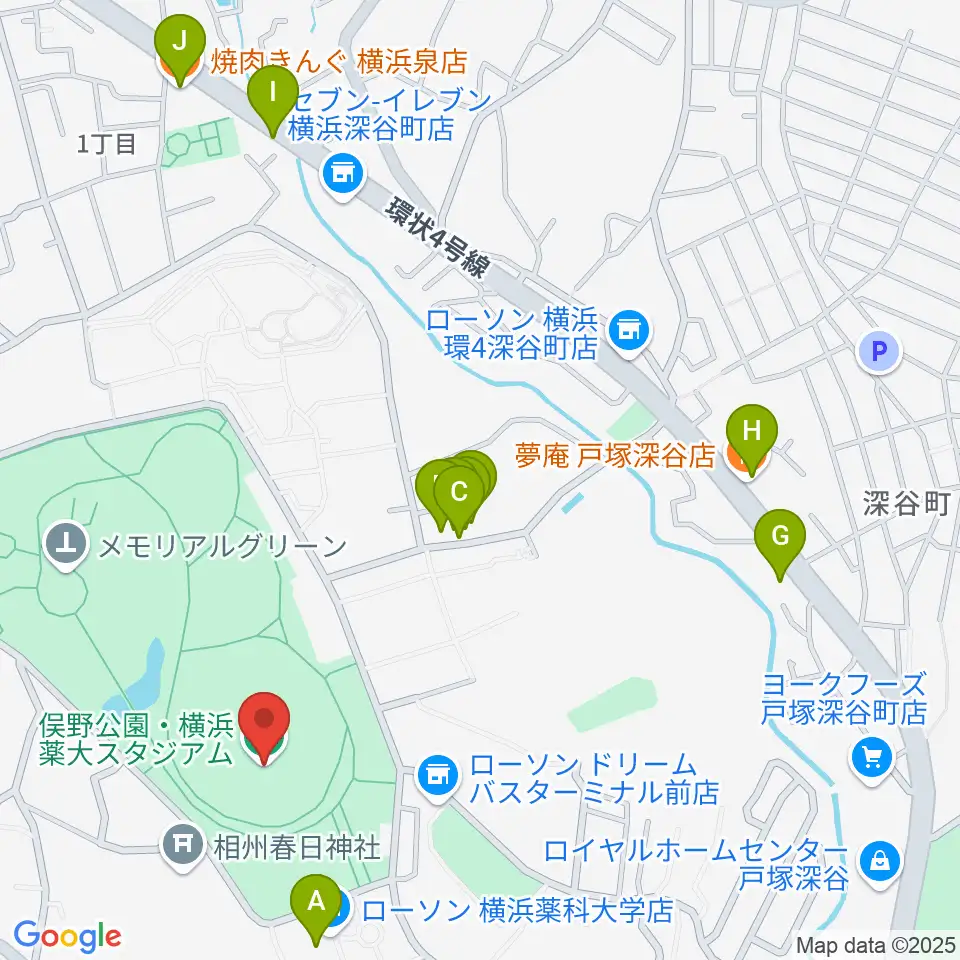 俣野公園・横浜薬大スタジアム周辺のファミレス・ファーストフード一覧地図