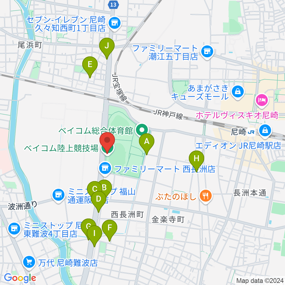 ベイコム陸上競技場周辺のファミレス・ファーストフード一覧地図