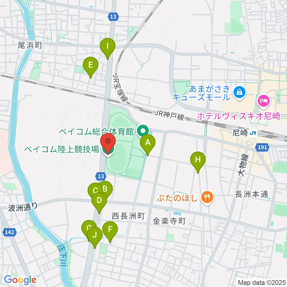 ベイコム陸上競技場周辺のファミレス・ファーストフード一覧地図