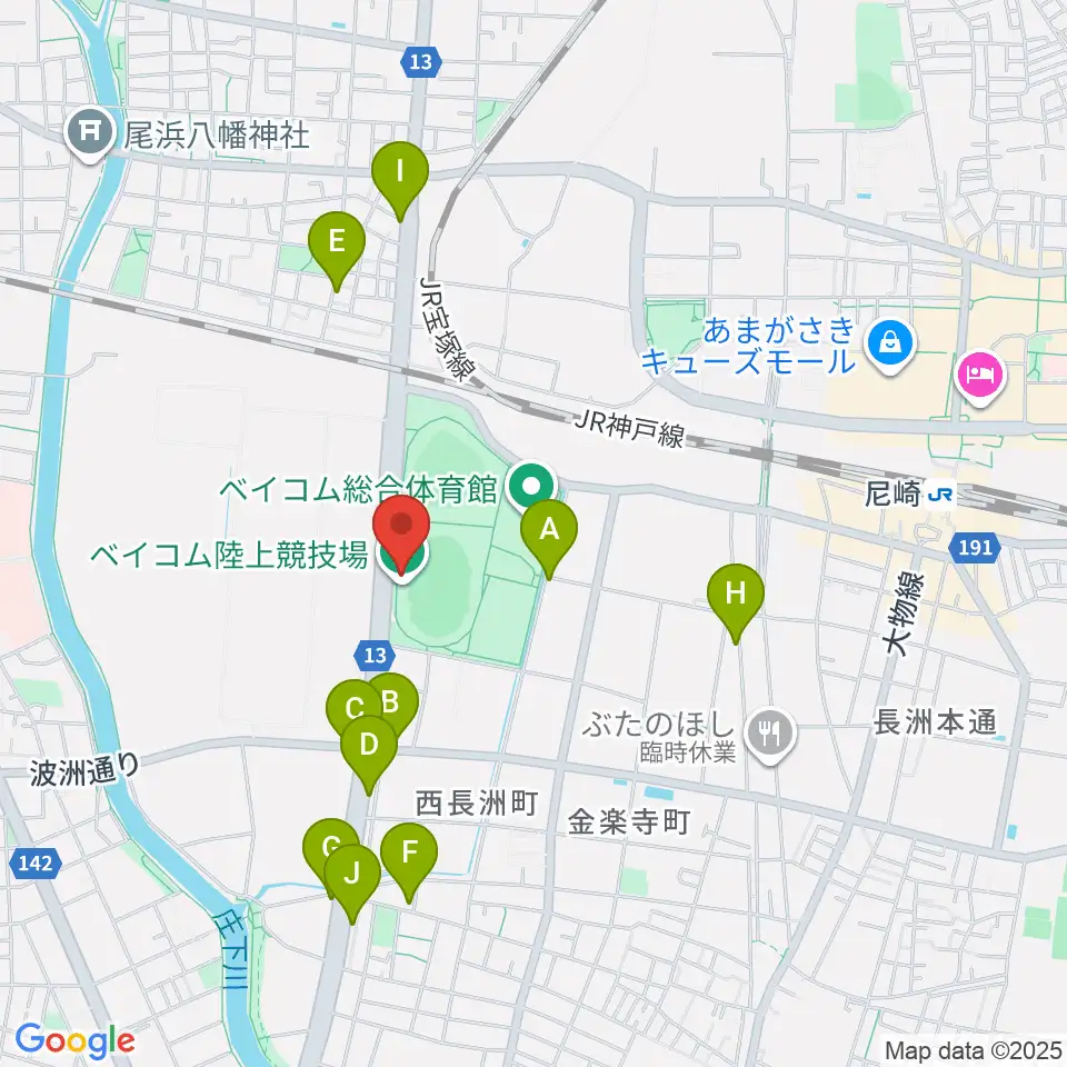 ベイコム陸上競技場周辺のファミレス・ファーストフード一覧地図