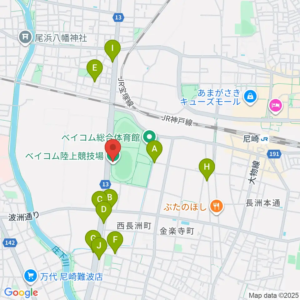 ベイコム陸上競技場周辺のファミレス・ファーストフード一覧地図