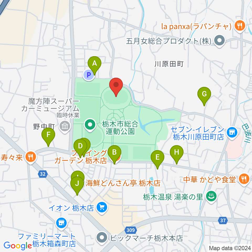 ニッコークリエートスポーツフィールドとちぎ周辺のファミレス・ファーストフード一覧地図