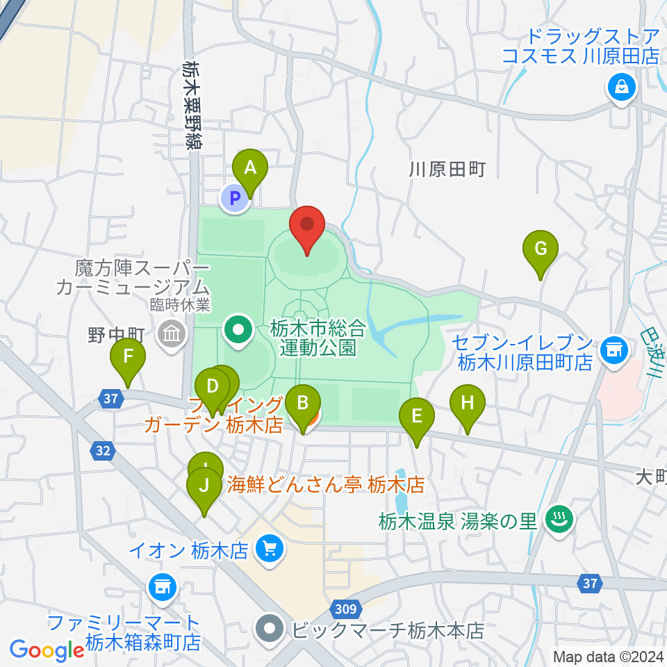 ニッコークリエートスポーツフィールドとちぎ周辺のファミレス・ファーストフード一覧地図