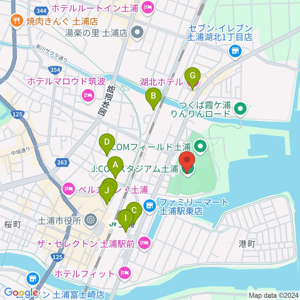 J:COMスタジアム土浦周辺のファミレス・ファーストフード一覧地図