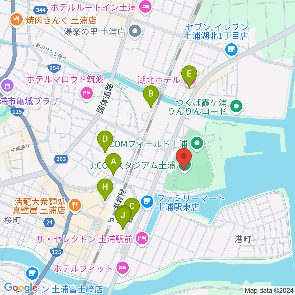 J:COMスタジアム土浦周辺のファミレス・ファーストフード一覧地図