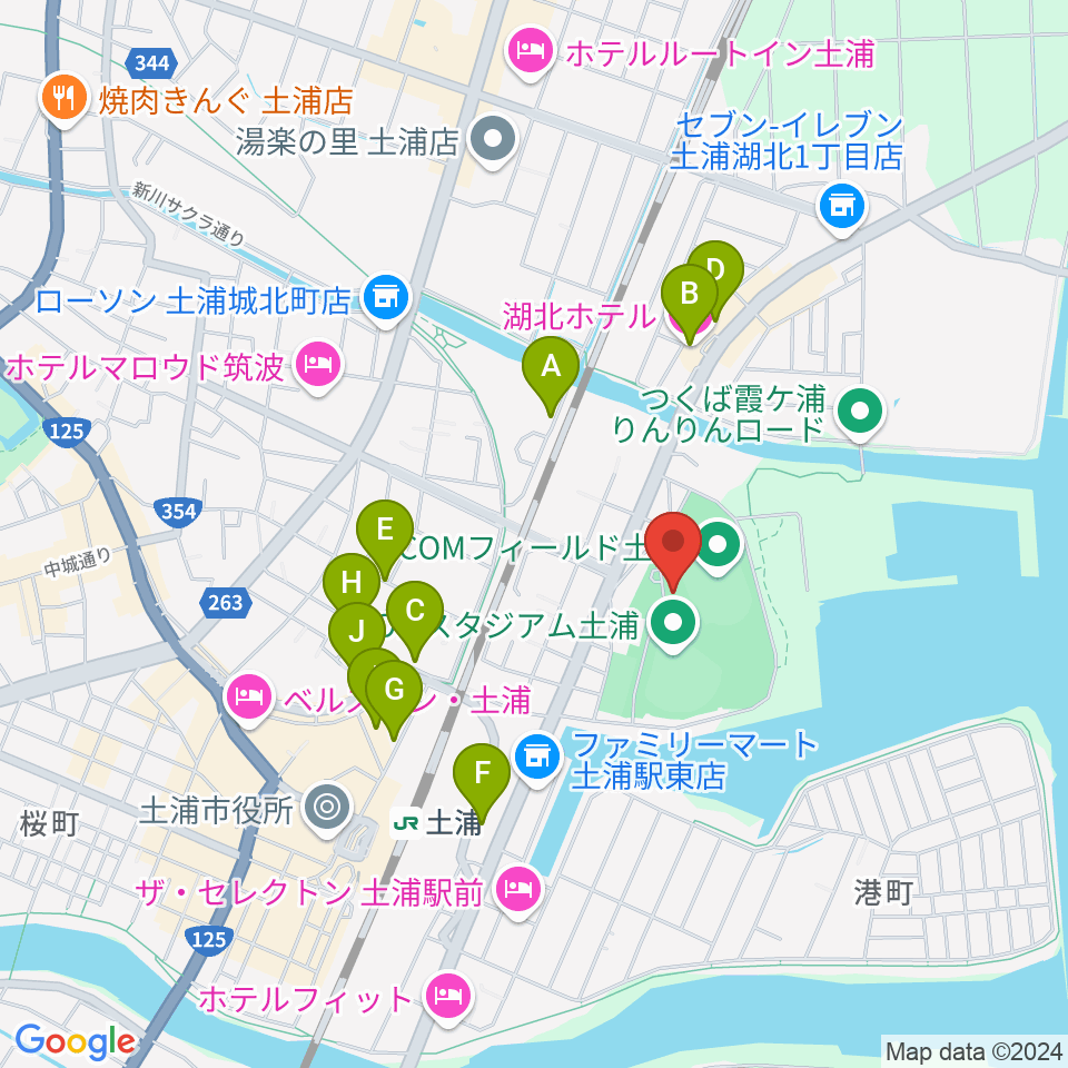 J:COMフィールド土浦周辺のファミレス・ファーストフード一覧地図