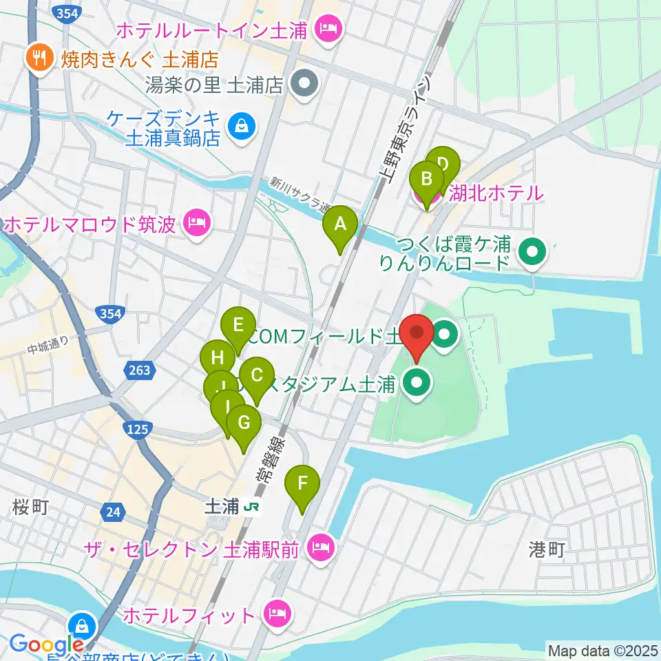 J:COMフィールド土浦周辺のファミレス・ファーストフード一覧地図