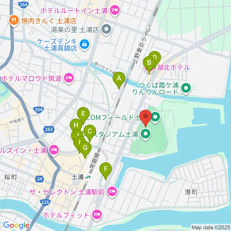 J:COMフィールド土浦周辺のファミレス・ファーストフード一覧地図