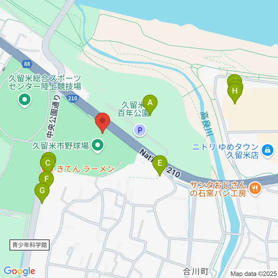久留米市野球場周辺のファミレス・ファーストフード一覧地図