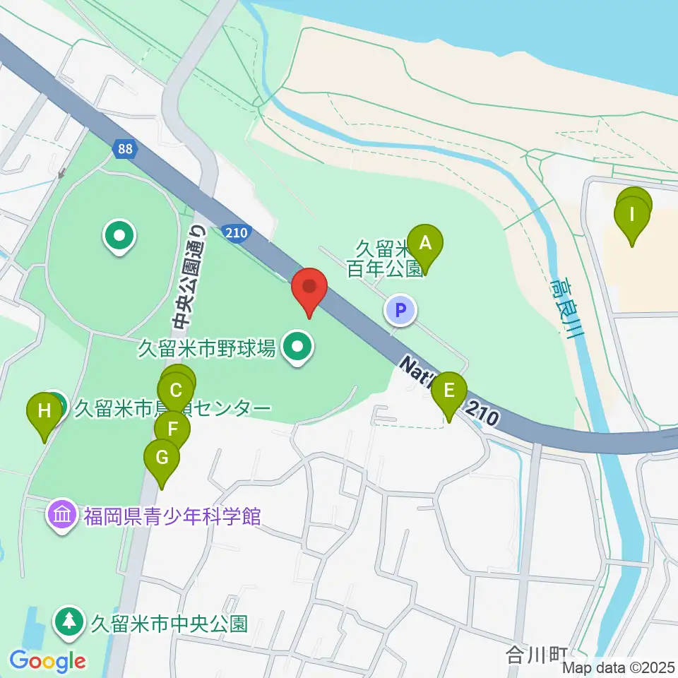 久留米市野球場周辺のファミレス・ファーストフード一覧地図
