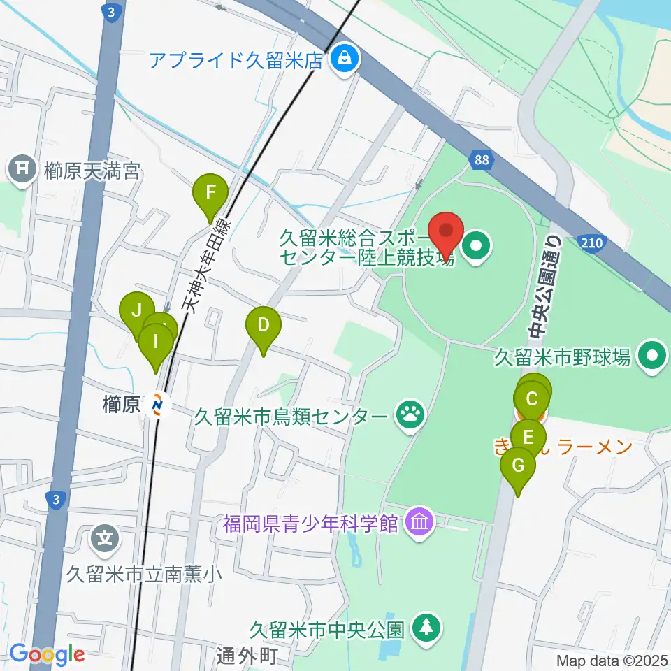 福岡県立久留米総合スポーツセンター陸上競技場周辺のファミレス・ファーストフード一覧地図