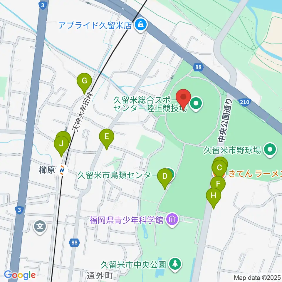 福岡県立久留米総合スポーツセンター陸上競技場周辺のファミレス・ファーストフード一覧地図
