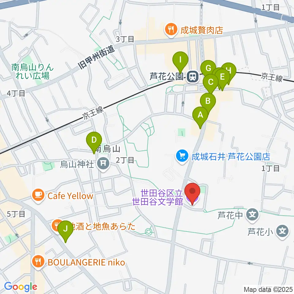 世田谷文学館周辺のファミレス・ファーストフード一覧地図