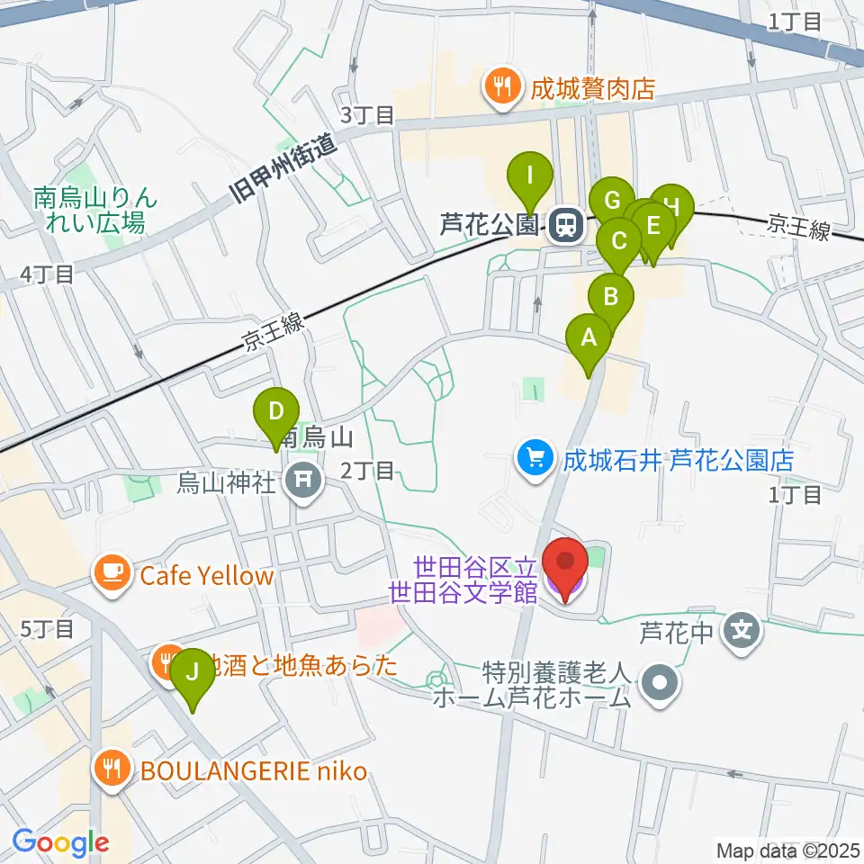 世田谷文学館周辺のファミレス・ファーストフード一覧地図
