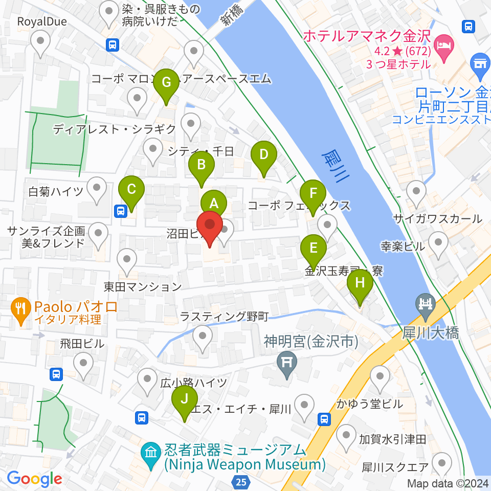 室生犀星記念館周辺のファミレス・ファーストフード一覧地図