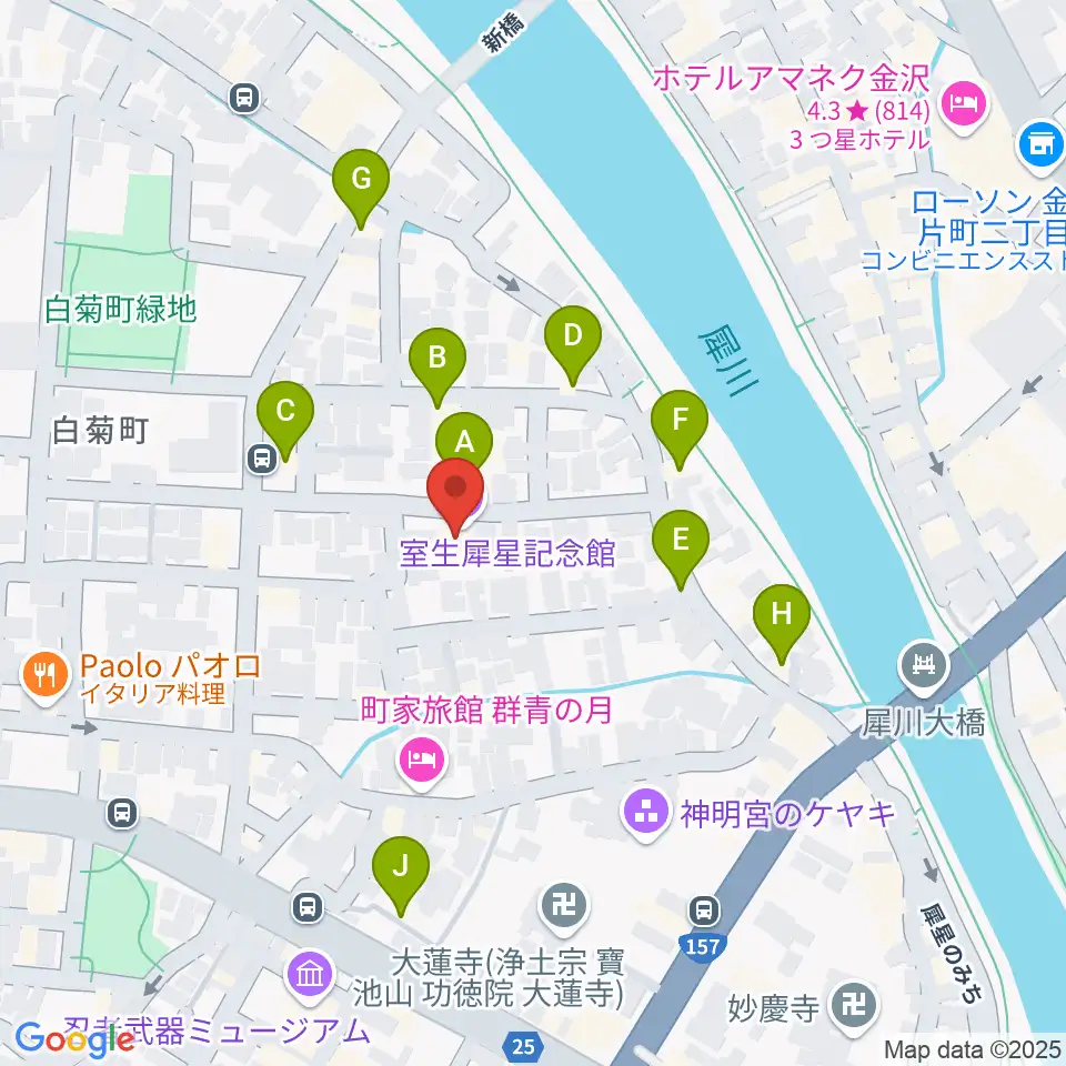 室生犀星記念館周辺のファミレス・ファーストフード一覧地図