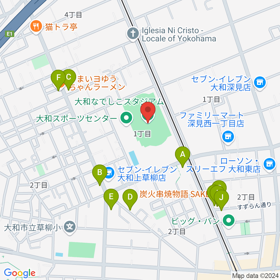 大和なでしこスタジアム周辺のファミレス・ファーストフード一覧地図