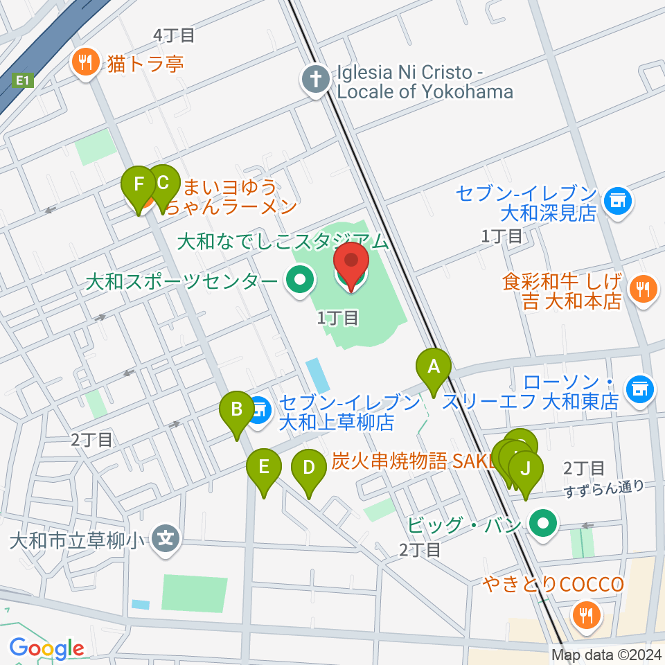 大和なでしこスタジアム周辺のファミレス・ファーストフード一覧地図