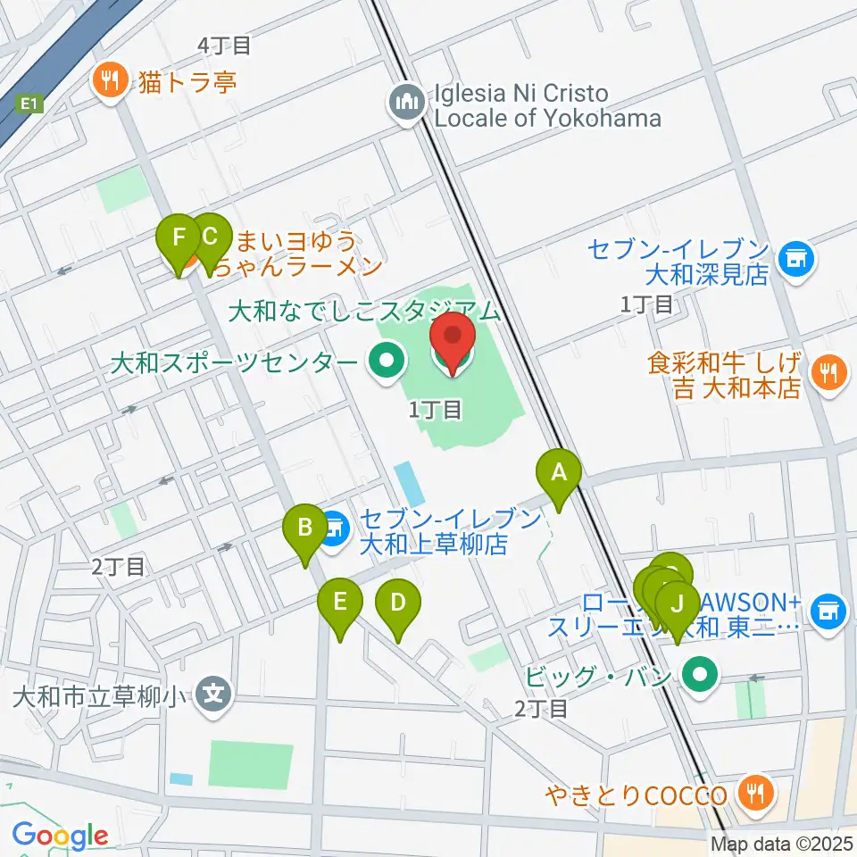 大和なでしこスタジアム周辺のファミレス・ファーストフード一覧地図