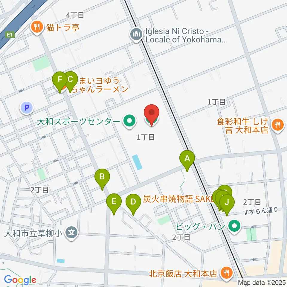 大和なでしこスタジアム周辺のファミレス・ファーストフード一覧地図