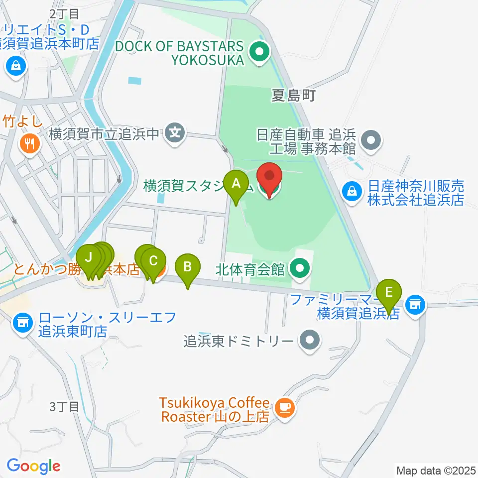 横須賀スタジアム周辺のファミレス・ファーストフード一覧地図