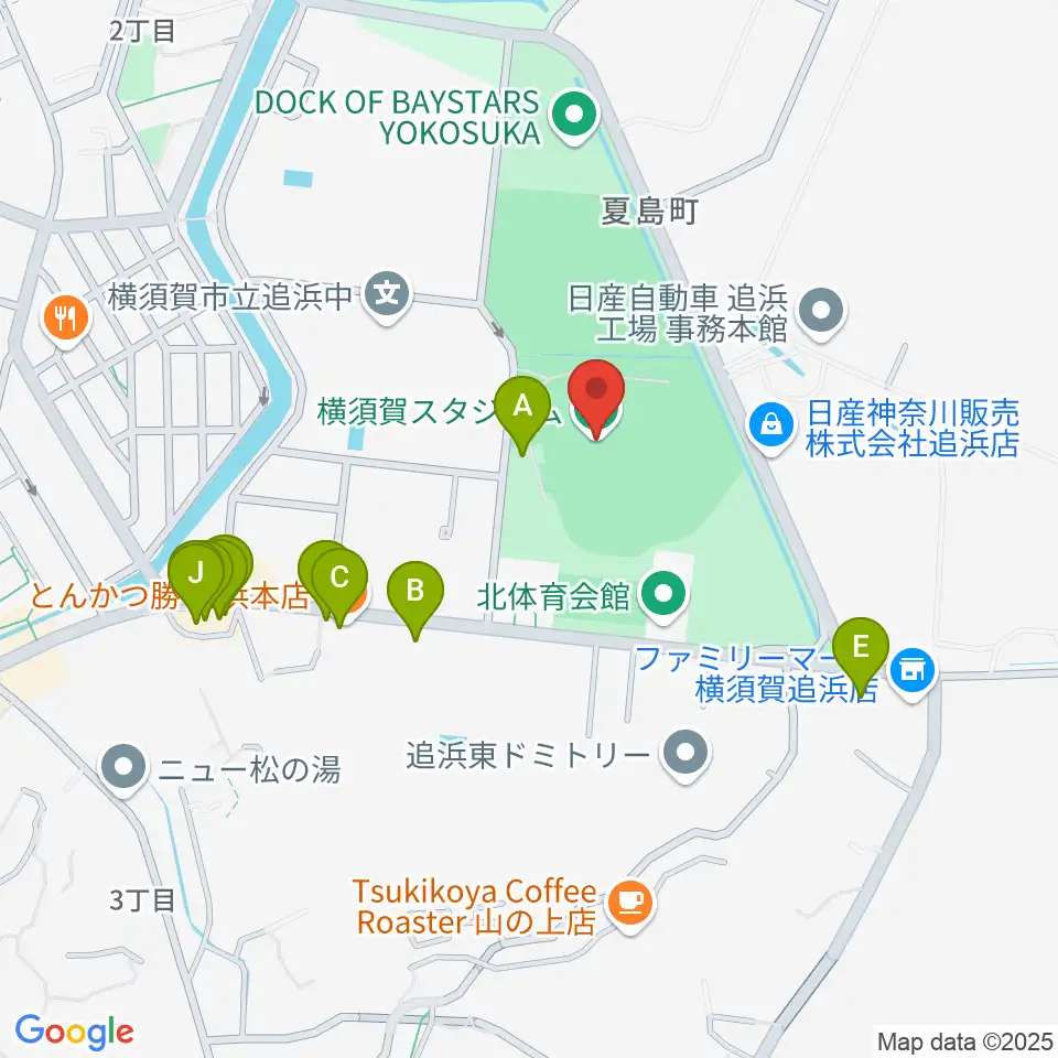 横須賀スタジアム周辺のファミレス・ファーストフード一覧地図