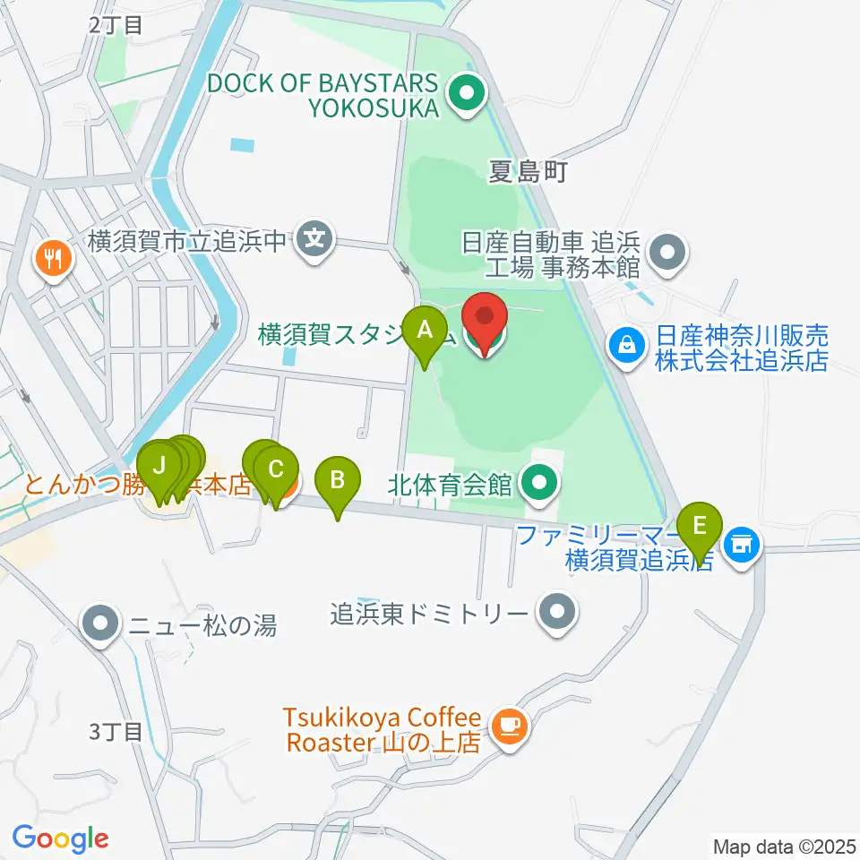 横須賀スタジアム周辺のファミレス・ファーストフード一覧地図