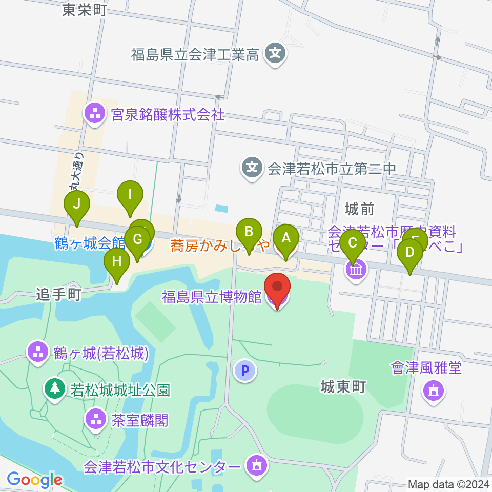 福島県立博物館周辺のファミレス・ファーストフード一覧地図