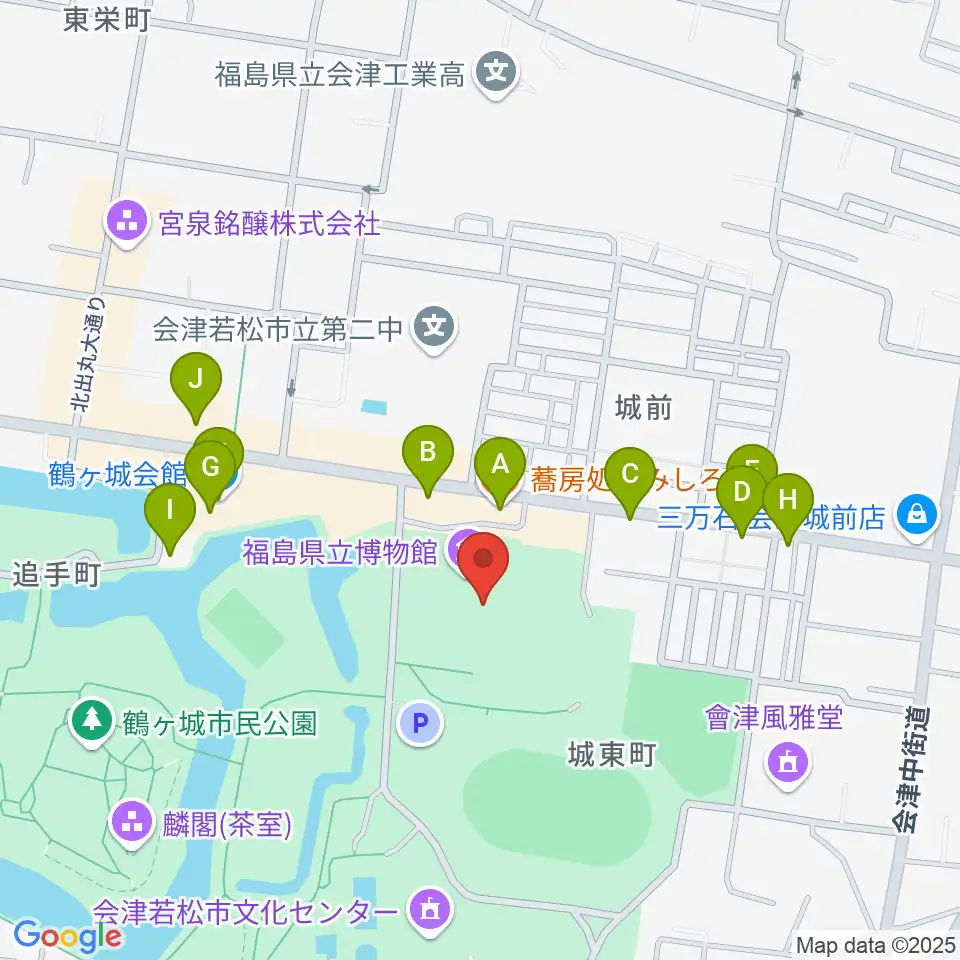 福島県立博物館周辺のファミレス・ファーストフード一覧地図