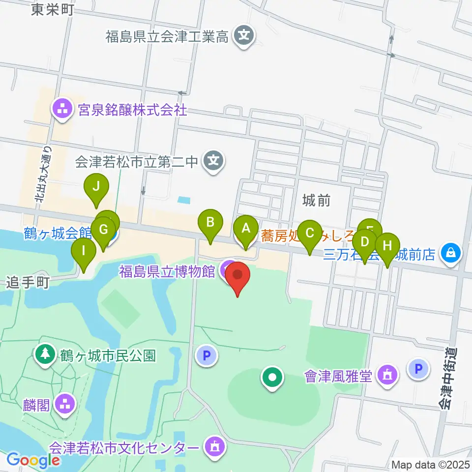 福島県立博物館周辺のファミレス・ファーストフード一覧地図
