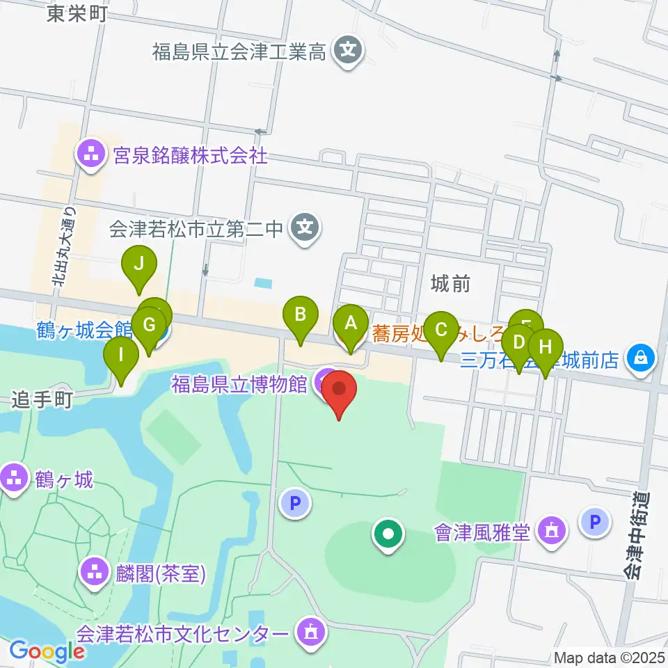 福島県立博物館周辺のファミレス・ファーストフード一覧地図