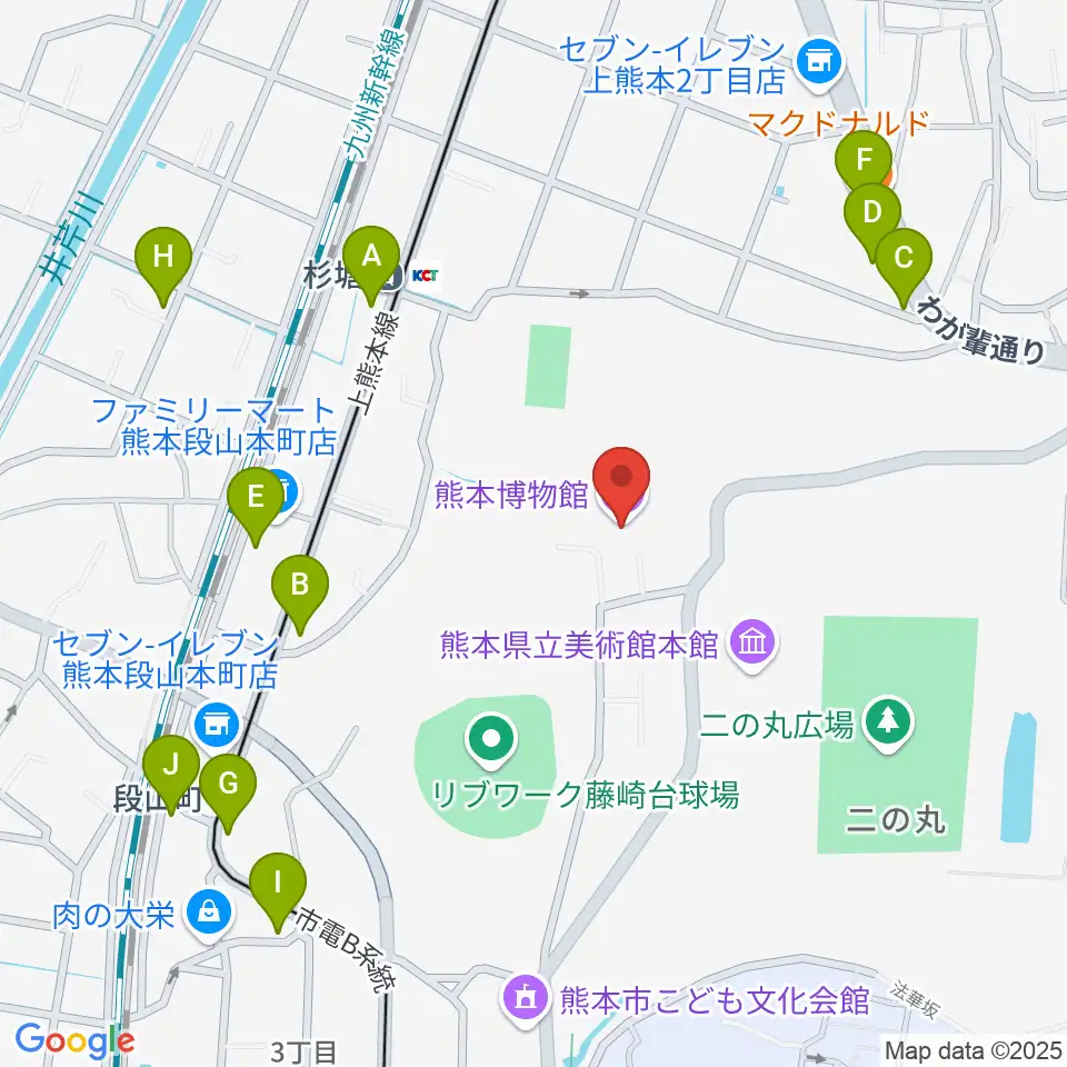 熊本博物館周辺のファミレス・ファーストフード一覧地図