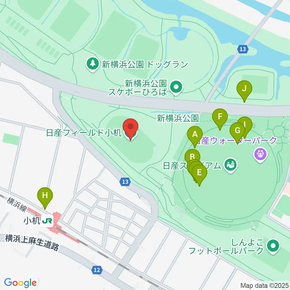 日産フィールド小机周辺のファミレス・ファーストフード一覧地図